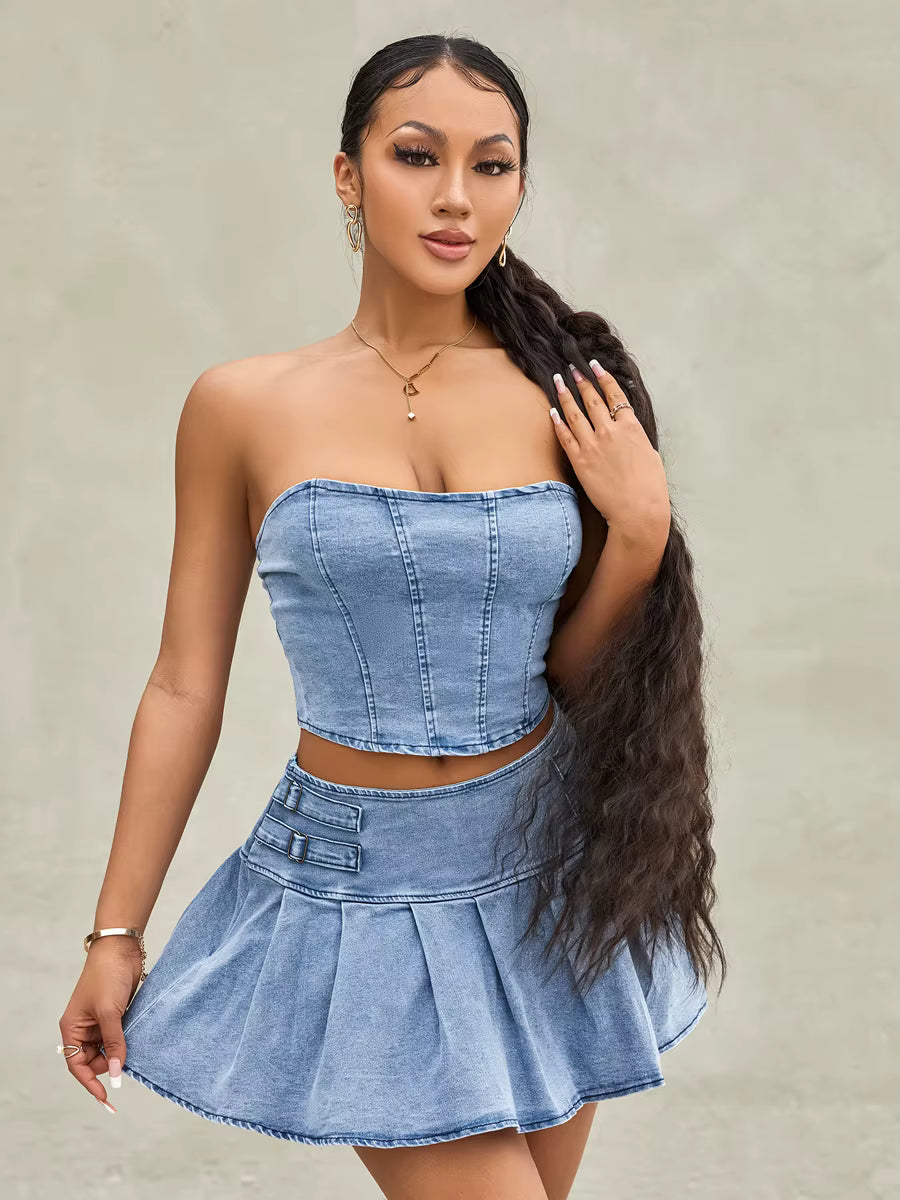 Casual Sleeveless Off Shoulder Zipper Bandeau Pleated Denim Skirt 2 Pieces Set