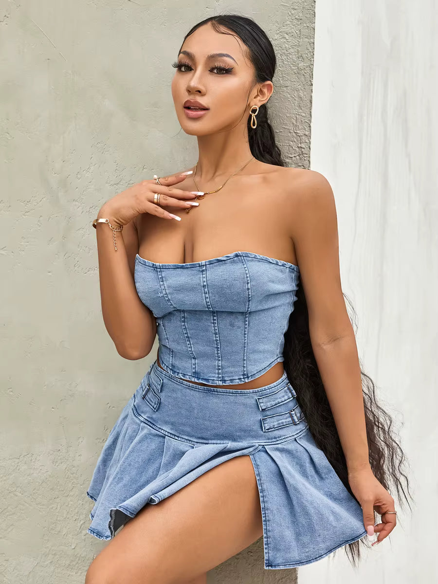 Casual Sleeveless Off Shoulder Zipper Bandeau Pleated Denim Skirt 2 Pieces Set