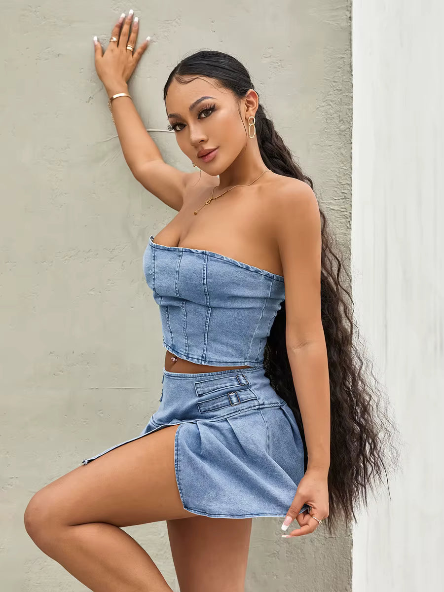 Casual Sleeveless Off Shoulder Zipper Bandeau Pleated Denim Skirt 2 Pieces Set