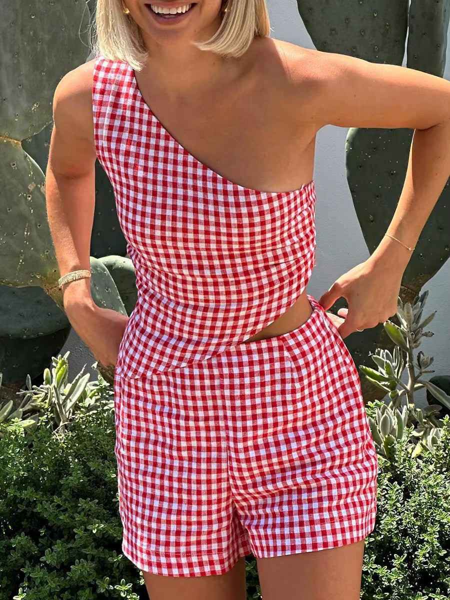 Casual Sleeveless One Shoulder Tank Tops And High Waist Shorts 2 Piece Outfits