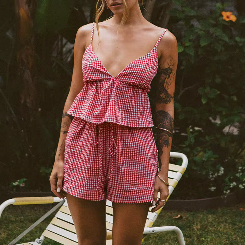 Casual Sleeveless Plaid Tie Up Tank Tops And High Waist Shorts 2 Piece Outfits