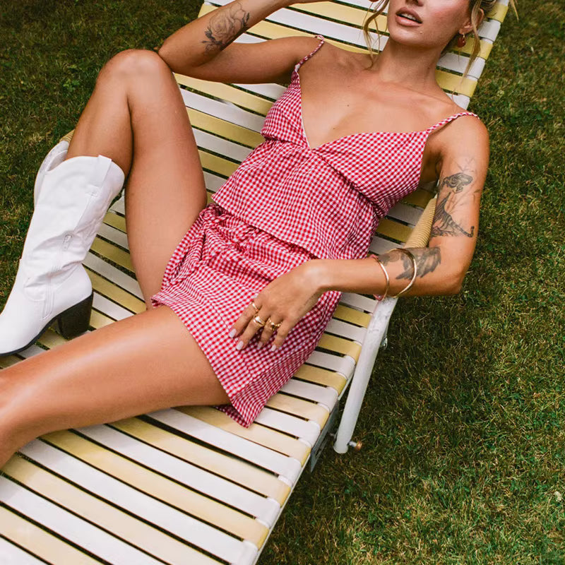 Casual Sleeveless Plaid Tie Up Tank Tops And High Waist Shorts 2 Piece Outfits