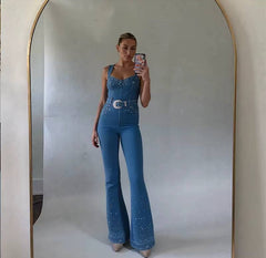 Casual Sleeveless Rhinestone Decoration Stretch Slimming Waist Jumpsuit