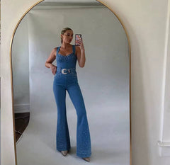 Casual Sleeveless Rhinestone Decoration Stretch Slimming Waist Jumpsuit