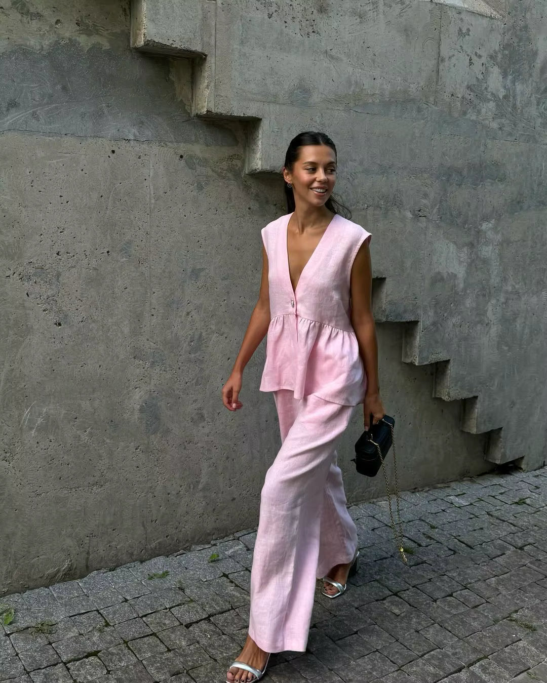Casual Sleeveless Single Breasted Vests Wide Leg Pants Suit Office Lady Two Piece Sets