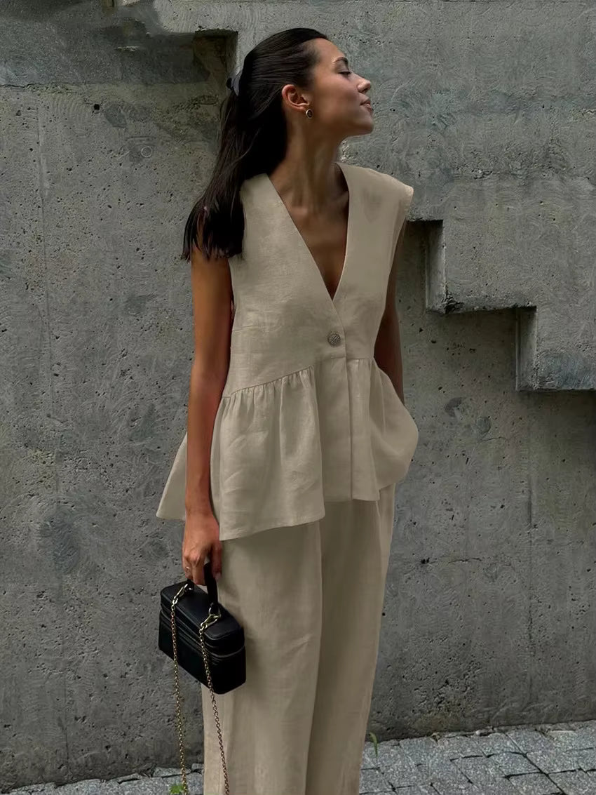 Casual Sleeveless Single Breasted Vests Wide Leg Pants Suit Office Lady Two Piece Sets