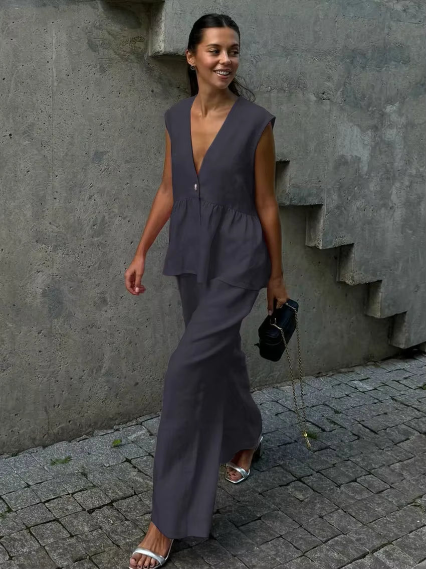 Casual Sleeveless Single Breasted Vests Wide Leg Pants Suit Office Lady Two Piece Sets