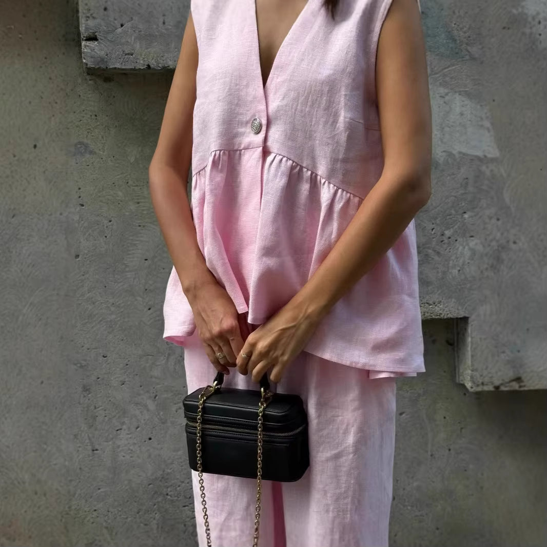 Casual Sleeveless Single Breasted Vests Wide Leg Pants Suit Office Lady Two Piece Sets