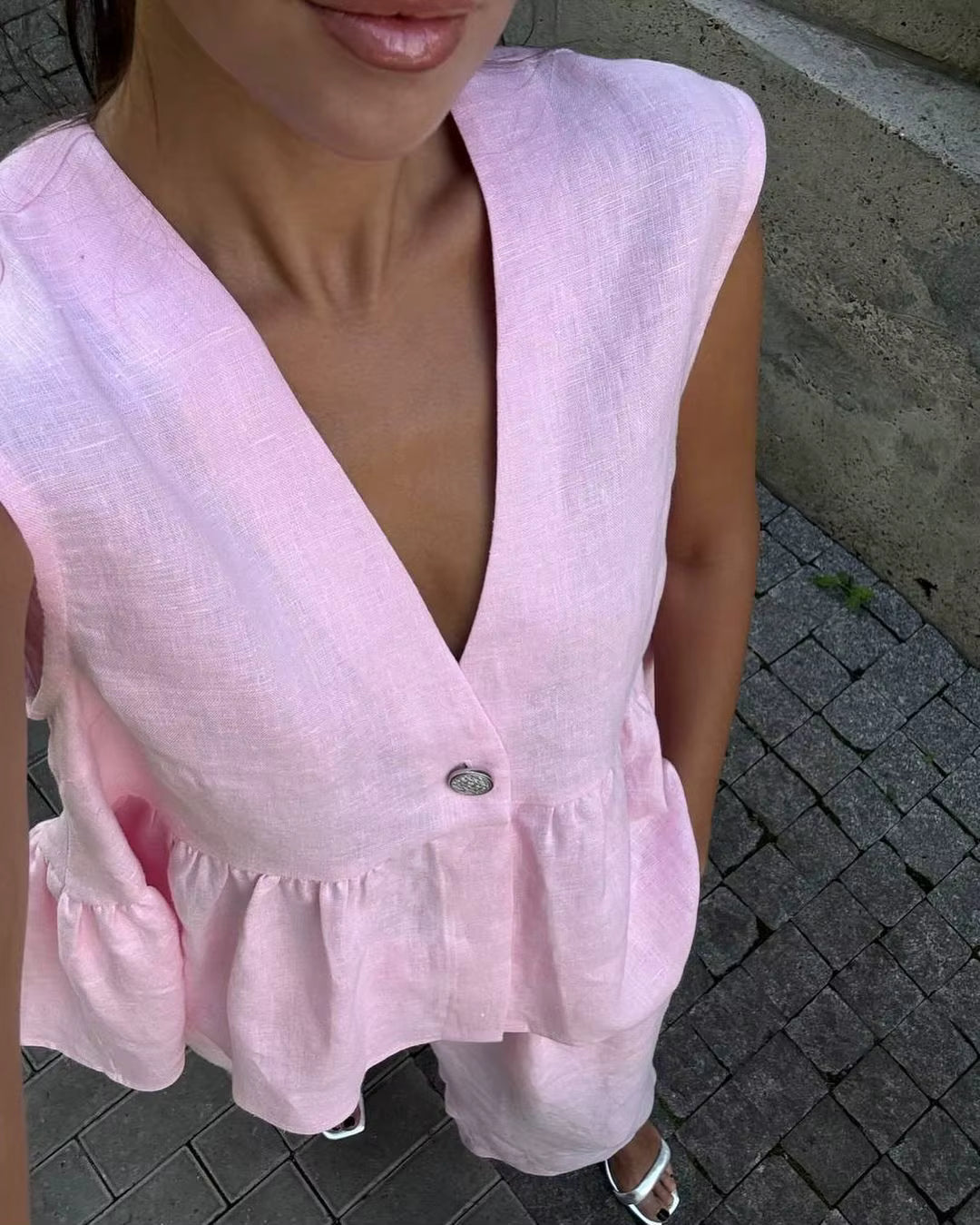 Casual Sleeveless Single Breasted Vests Wide Leg Pants Suit Office Lady Two Piece Sets