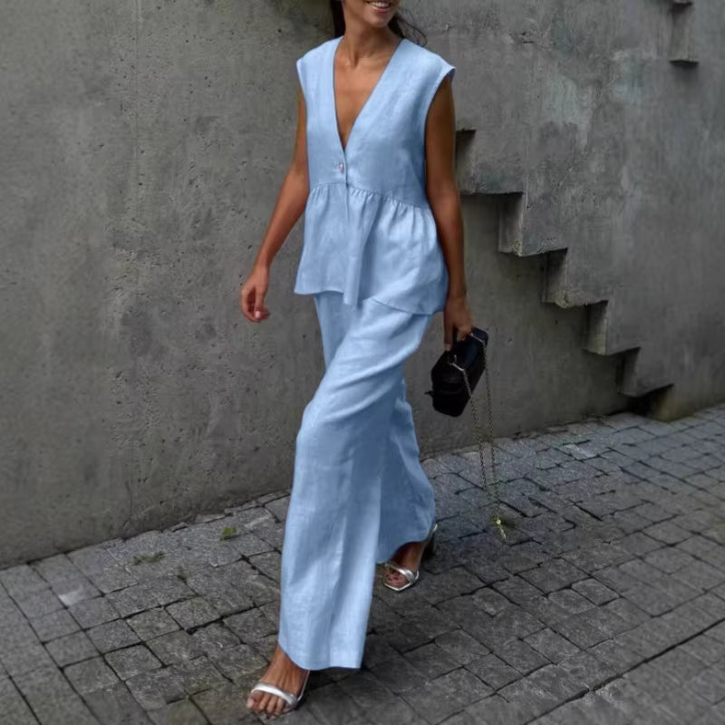 Casual Sleeveless Single Breasted Vests Wide Leg Pants Suit Office Lady Two Piece Sets