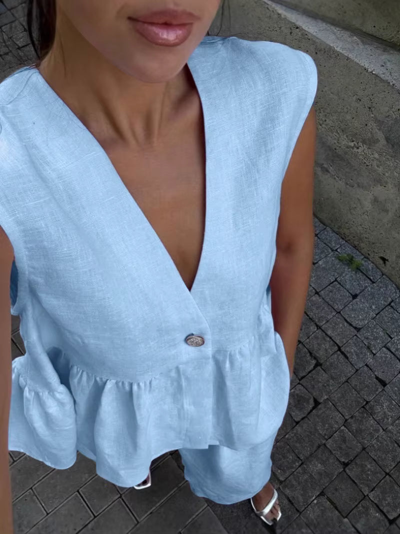 Casual Sleeveless Single Breasted Vests Wide Leg Pants Suit Office Lady Two Piece Sets