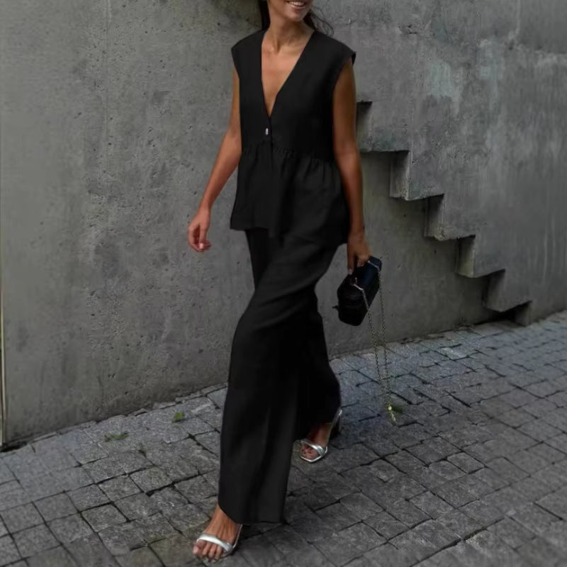 Casual Sleeveless Single Breasted Vests Wide Leg Pants Suit Office Lady Two Piece Sets