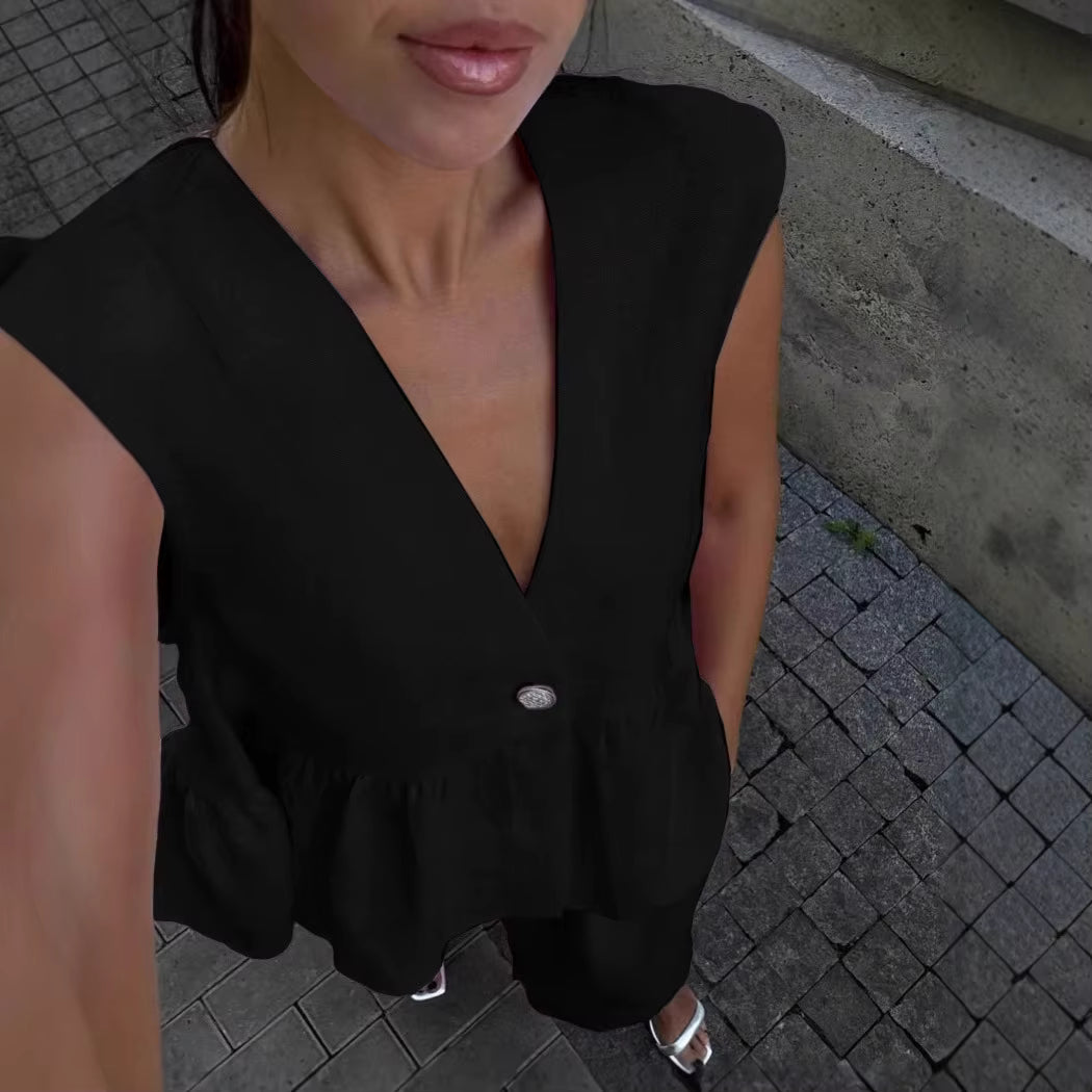 Casual Sleeveless Single Breasted Vests Wide Leg Pants Suit Office Lady Two Piece Sets