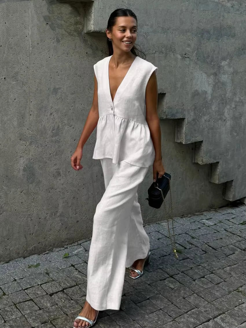 Casual Sleeveless Single Breasted Vests Wide Leg Pants Suit Office Lady Two Piece Sets