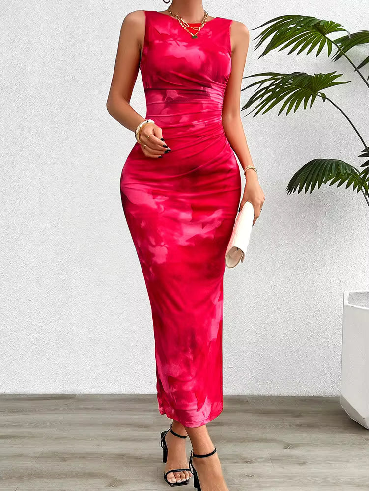 Casual Sleeveless Slim Fit Breast Print Bag Hip Spice Slit Skirt Maxi Dress