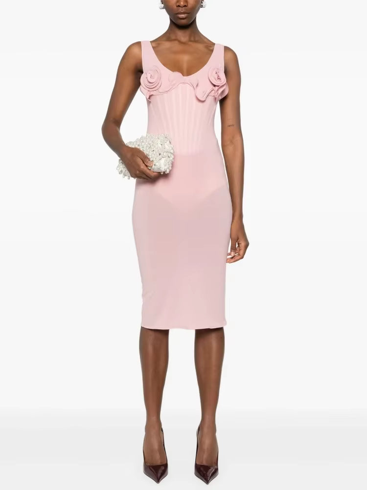 Casual Sleeveless Sling Patchwork Flower Spaghetti Strap Bodycon Cocktail Midi Dress