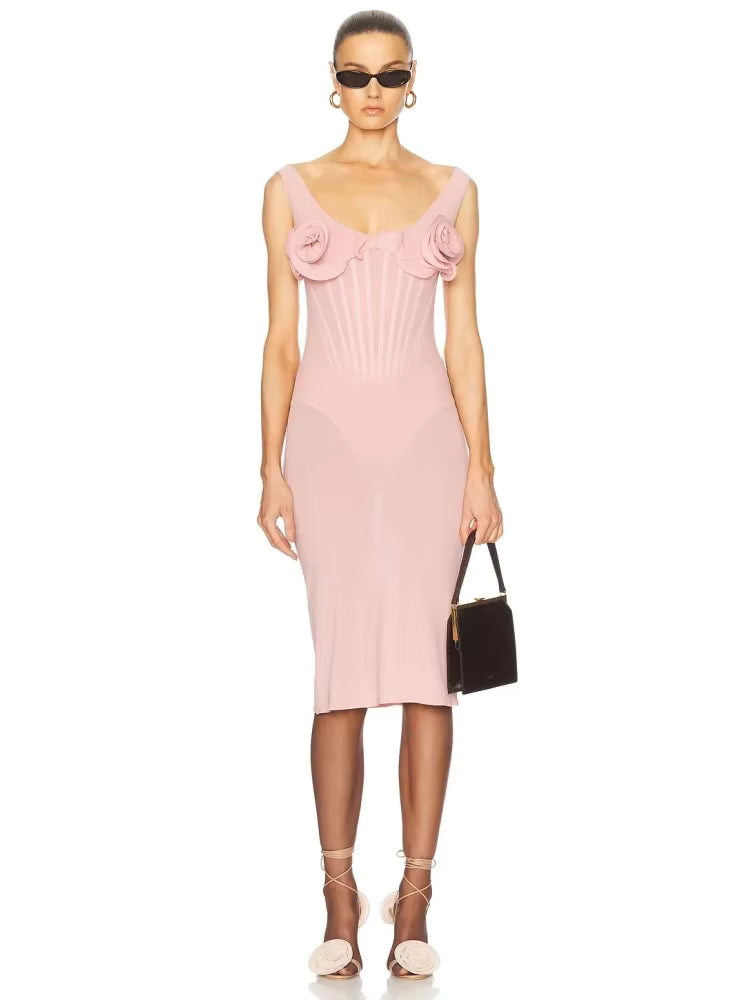 Casual Sleeveless Sling Patchwork Flower Spaghetti Strap Bodycon Cocktail Midi Dress