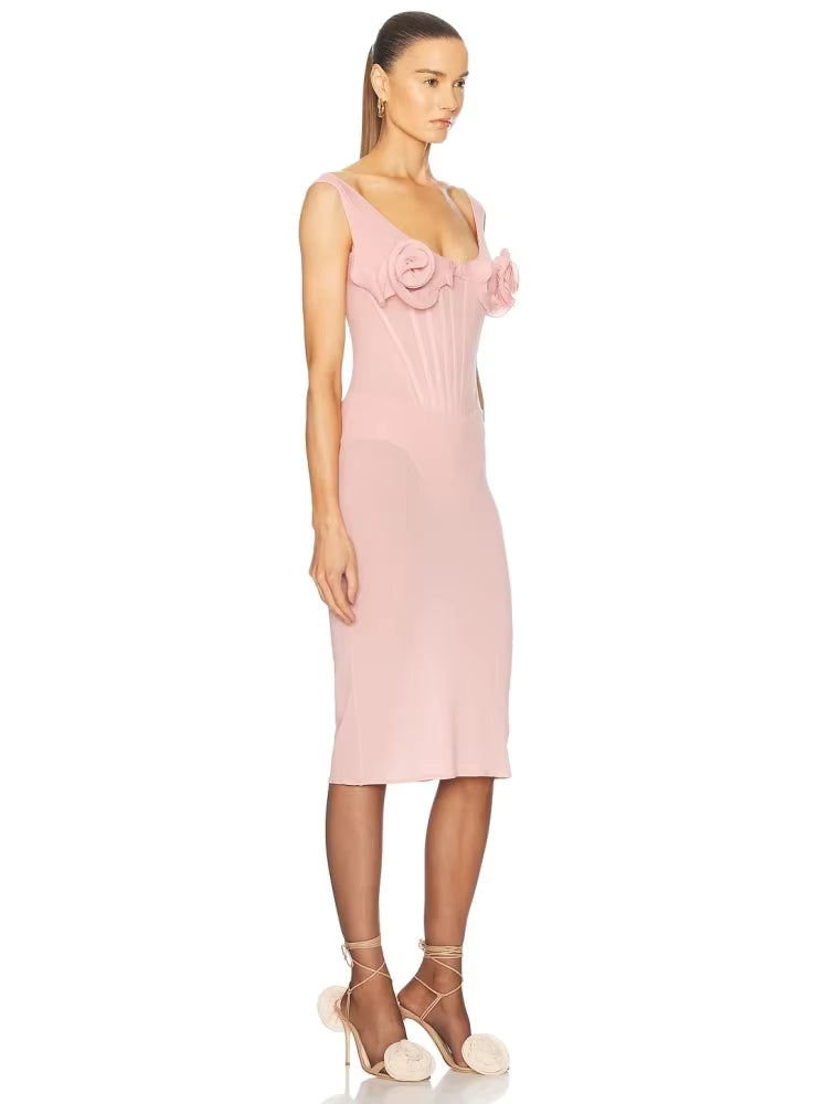 Casual Sleeveless Sling Patchwork Flower Spaghetti Strap Bodycon Cocktail Midi Dress