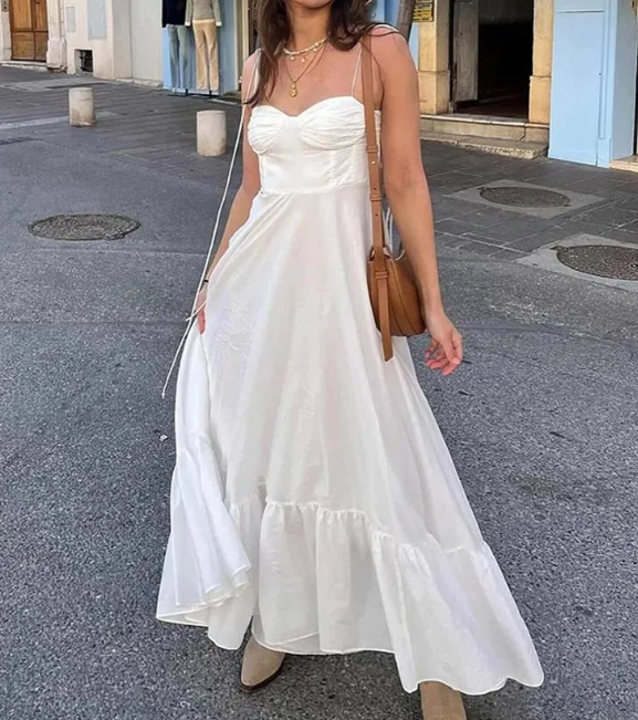 Casual Sleeveless Spaghetti Strap Swing Strapless Beach Holiday Maxi Dresses