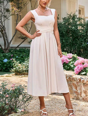Casual Sleeveless Square Neck Backless Lace Up Midi Dress