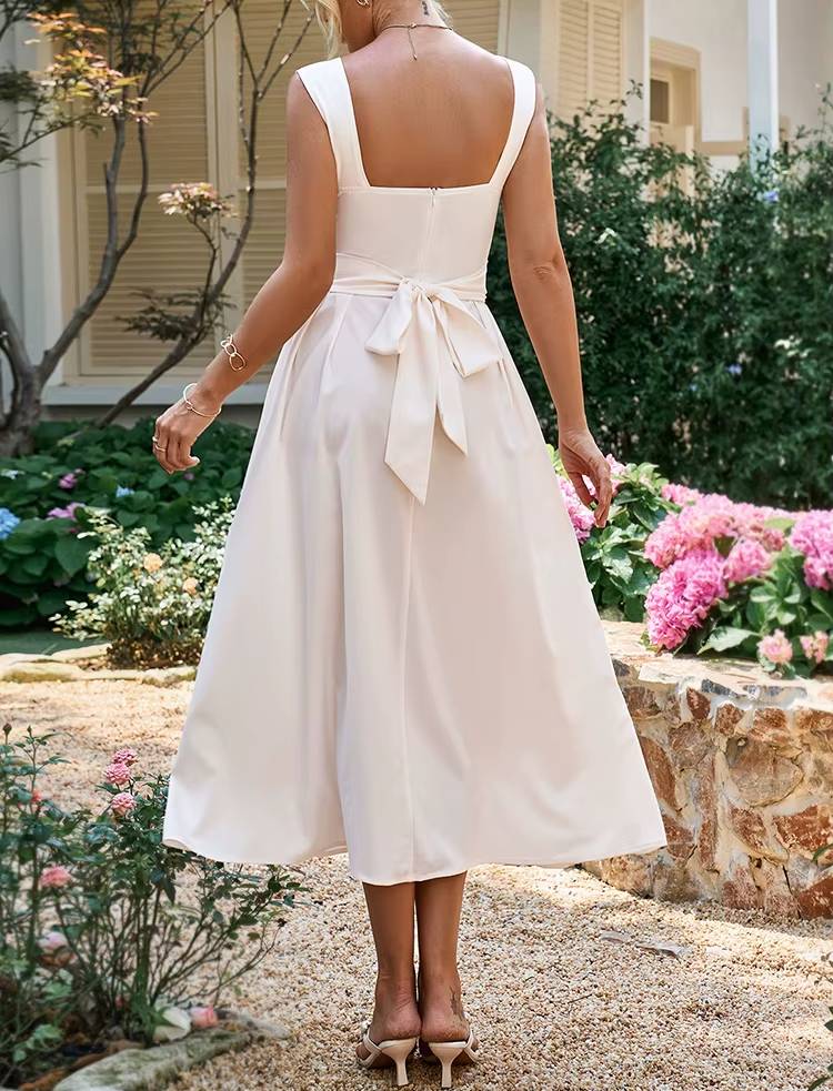 Casual Sleeveless Square Neck Backless Lace Up Midi Dress