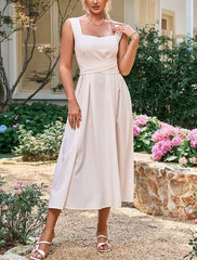 Casual Sleeveless Square Neck Backless Lace Up Midi Dress