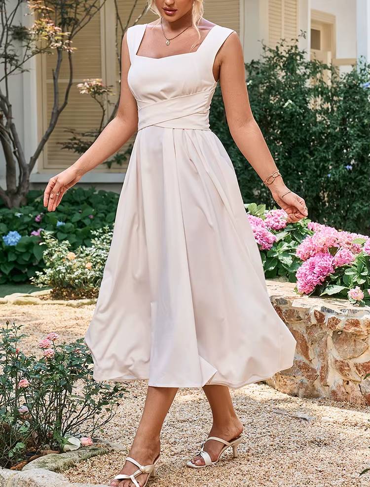 Casual Sleeveless Square Neck Backless Lace Up Midi Dress