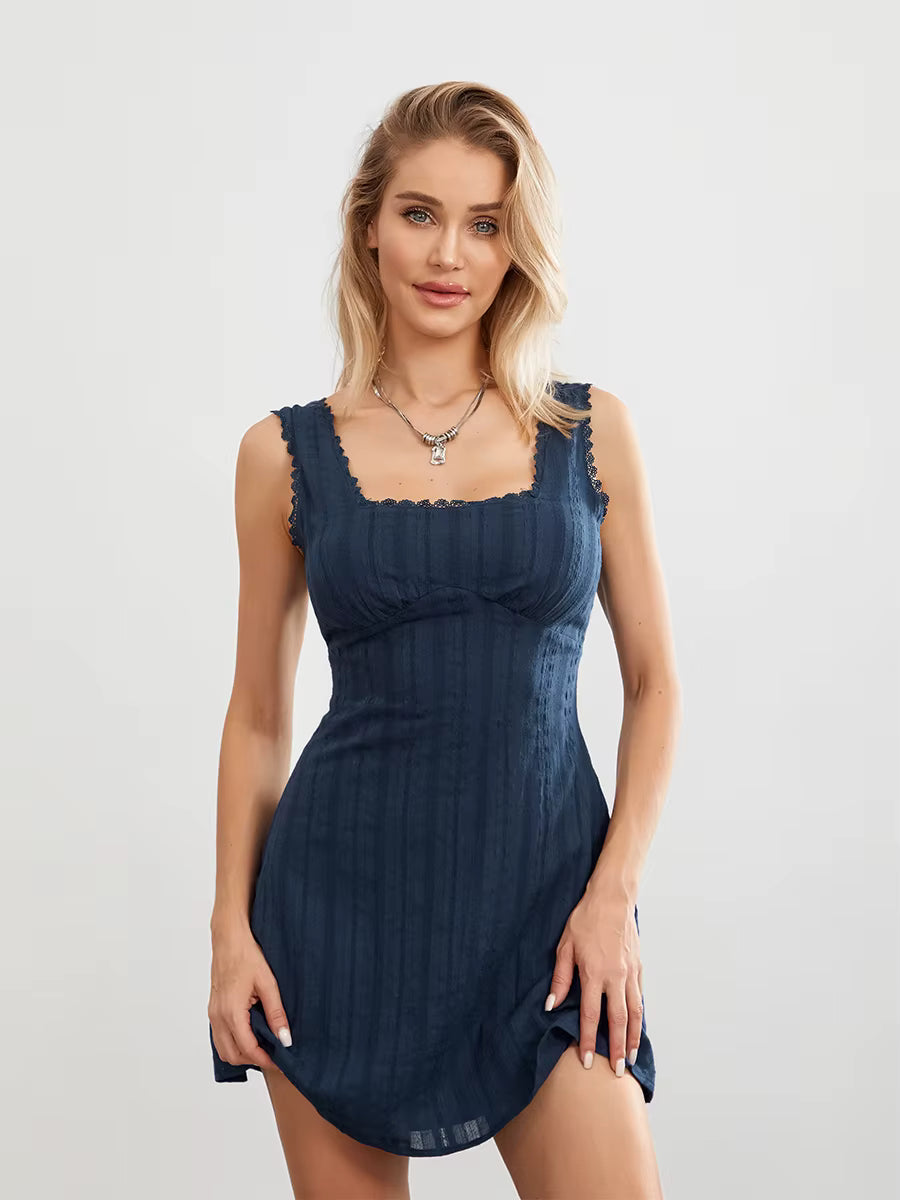Casual Sleeveless Square Neck Lace Trim Solid Color A-line Mini Dress