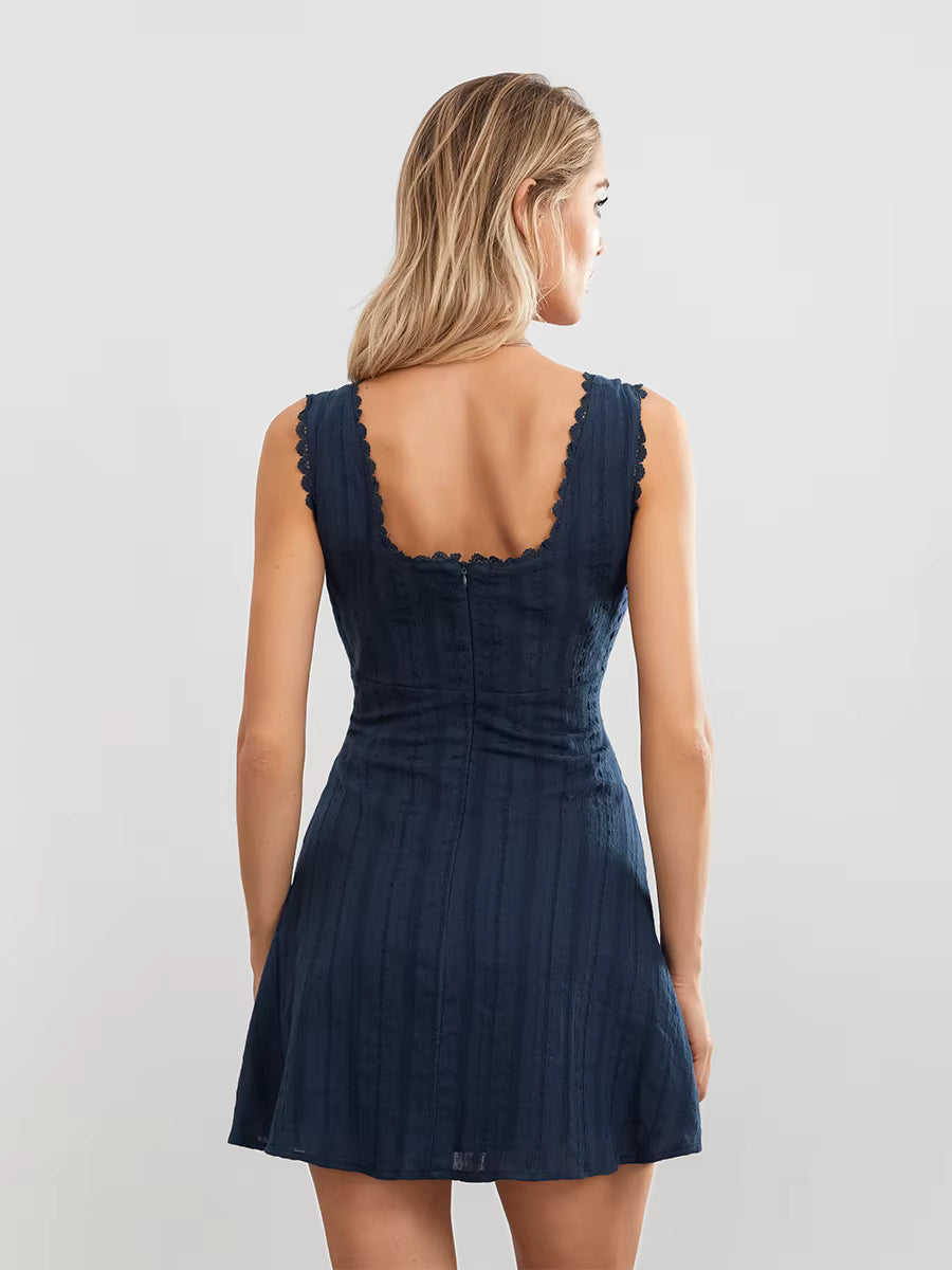 Casual Sleeveless Square Neck Lace Trim Solid Color A-line Mini Dress