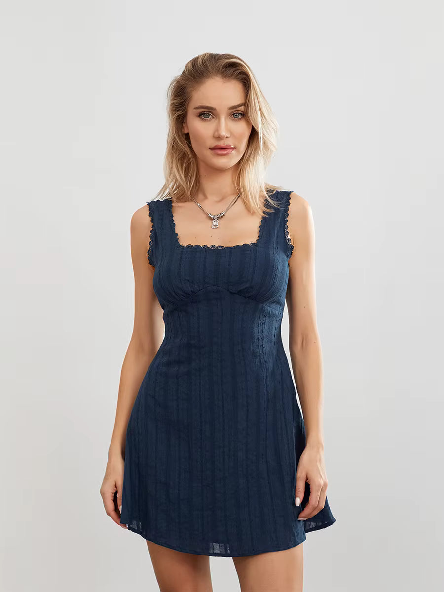 Casual Sleeveless Square Neck Lace Trim Solid Color A-line Mini Dress