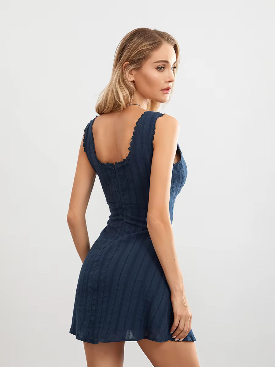 Casual Sleeveless Square Neck Lace Trim Solid Color A-line Mini Dress