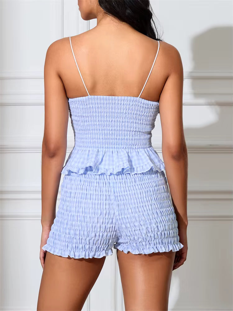 Casual Sleeveless Strap V Neck Buttons Up Camis Tops Ruched Shorts Plaid Print Two Pieces Sets