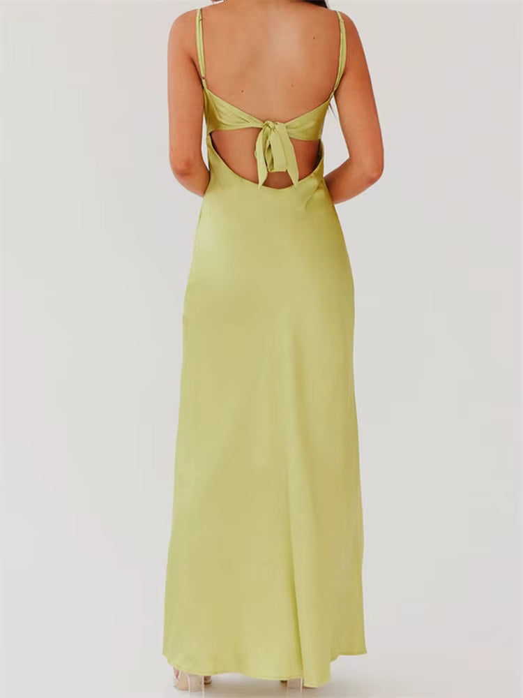 Casual Sleeveless Strap V-neck Front Tie-Up Backless Long Maxi Dress