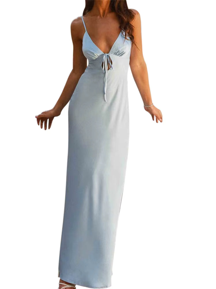 Casual Sleeveless Strap V-neck Front Tie-Up Backless Long Maxi Dress