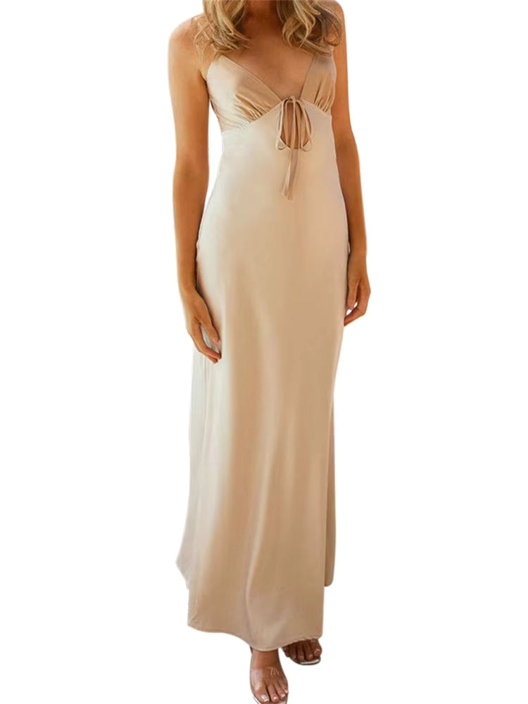 Casual Sleeveless Strap V-neck Front Tie-Up Backless Long Maxi Dress