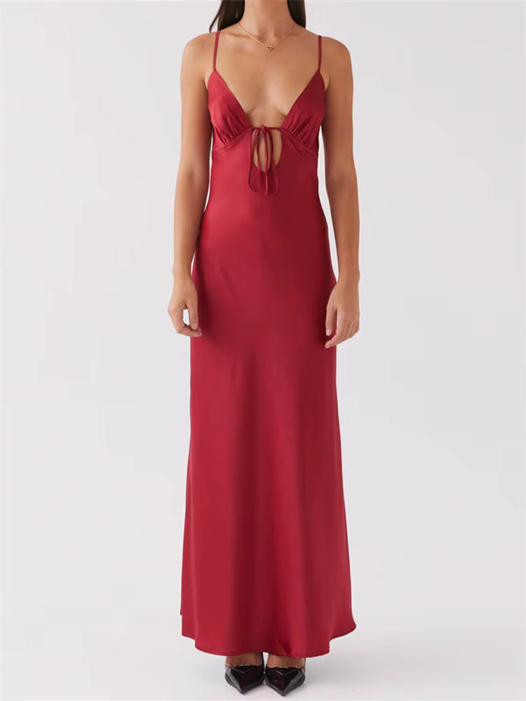 Casual Sleeveless Strap V-neck Front Tie-Up Backless Long Maxi Dress