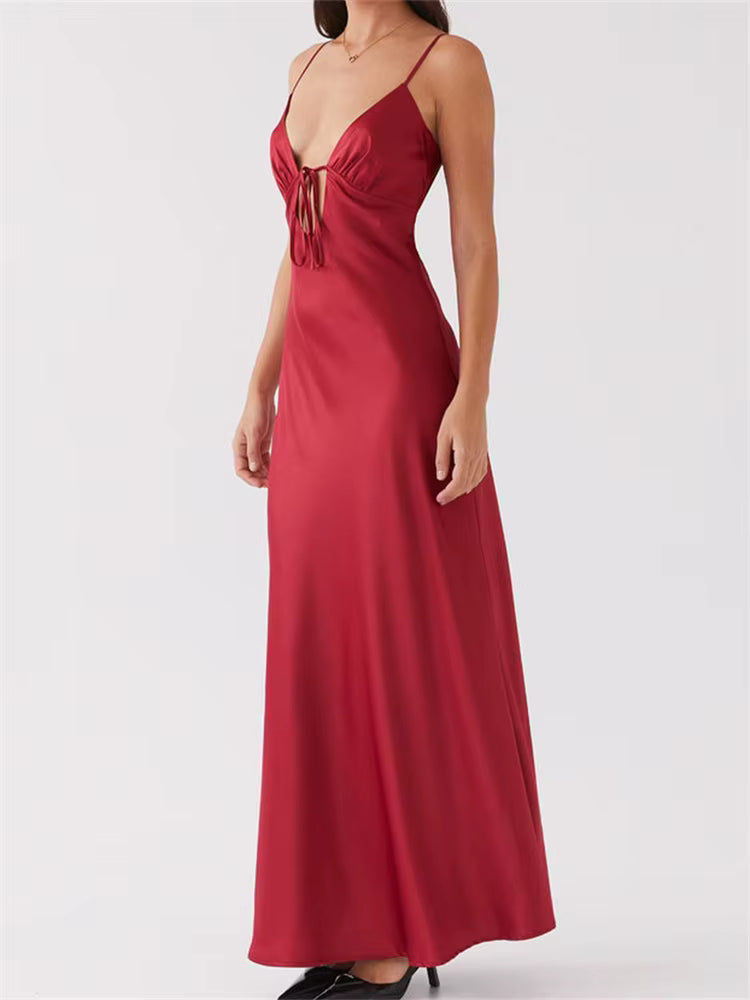 Casual Sleeveless Strap V-neck Front Tie-Up Backless Long Maxi Dress