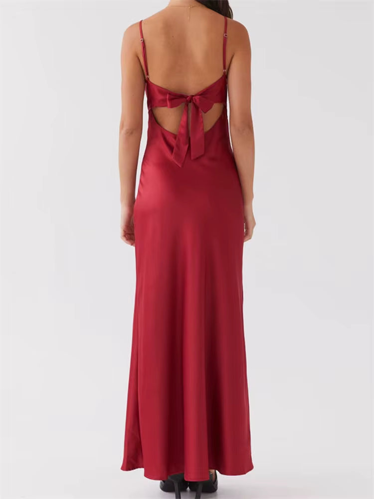 Casual Sleeveless Strap V-neck Front Tie-Up Backless Long Maxi Dress