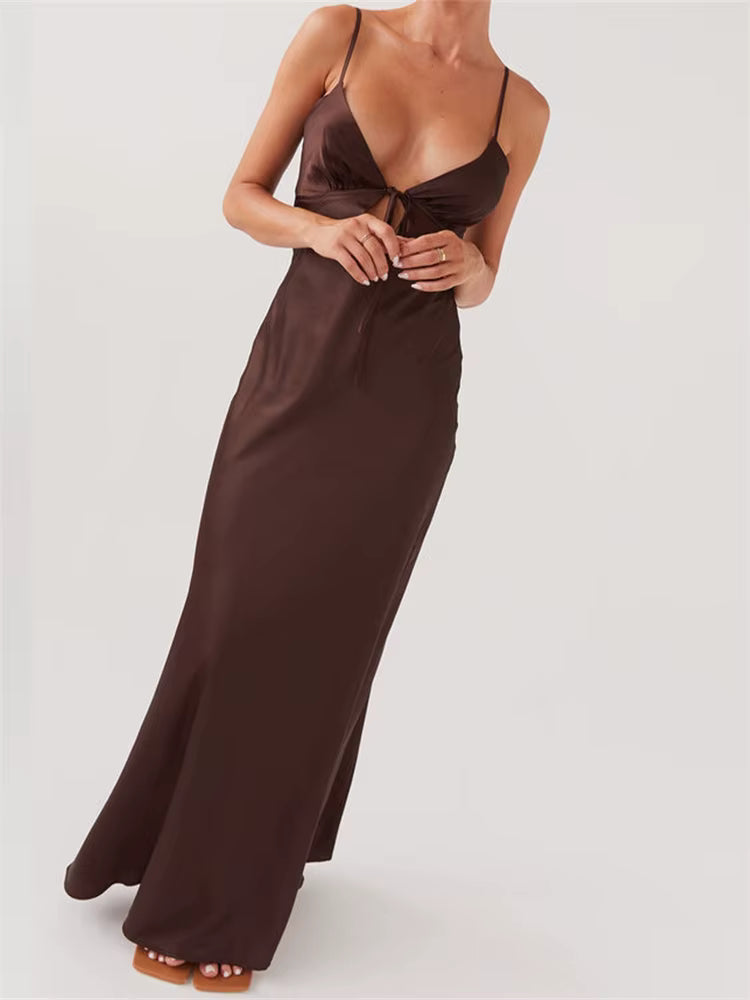 Casual Sleeveless Strap V-neck Front Tie-Up Backless Long Maxi Dress