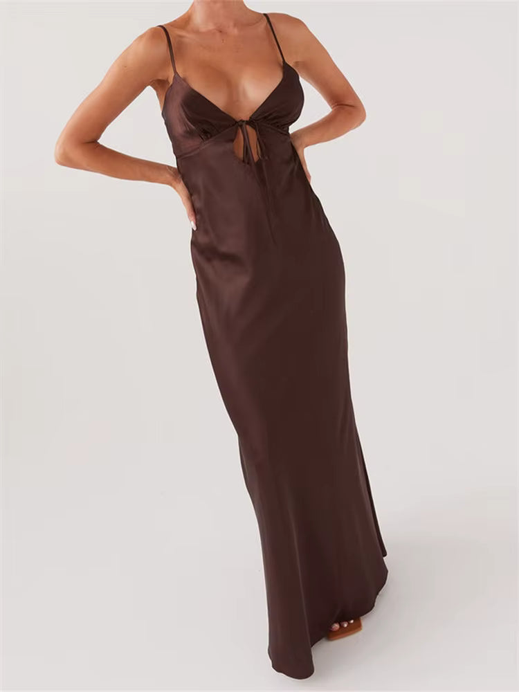 Casual Sleeveless Strap V-neck Front Tie-Up Backless Long Maxi Dress