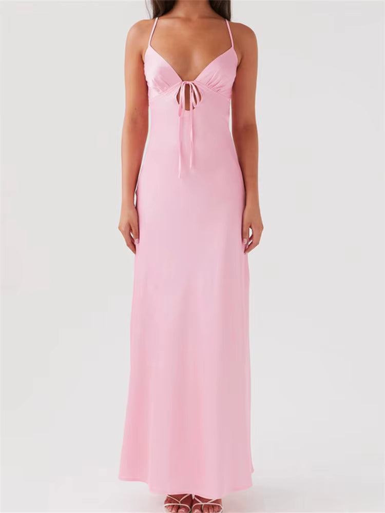 Casual Sleeveless Strap V-neck Front Tie-Up Backless Long Maxi Dress