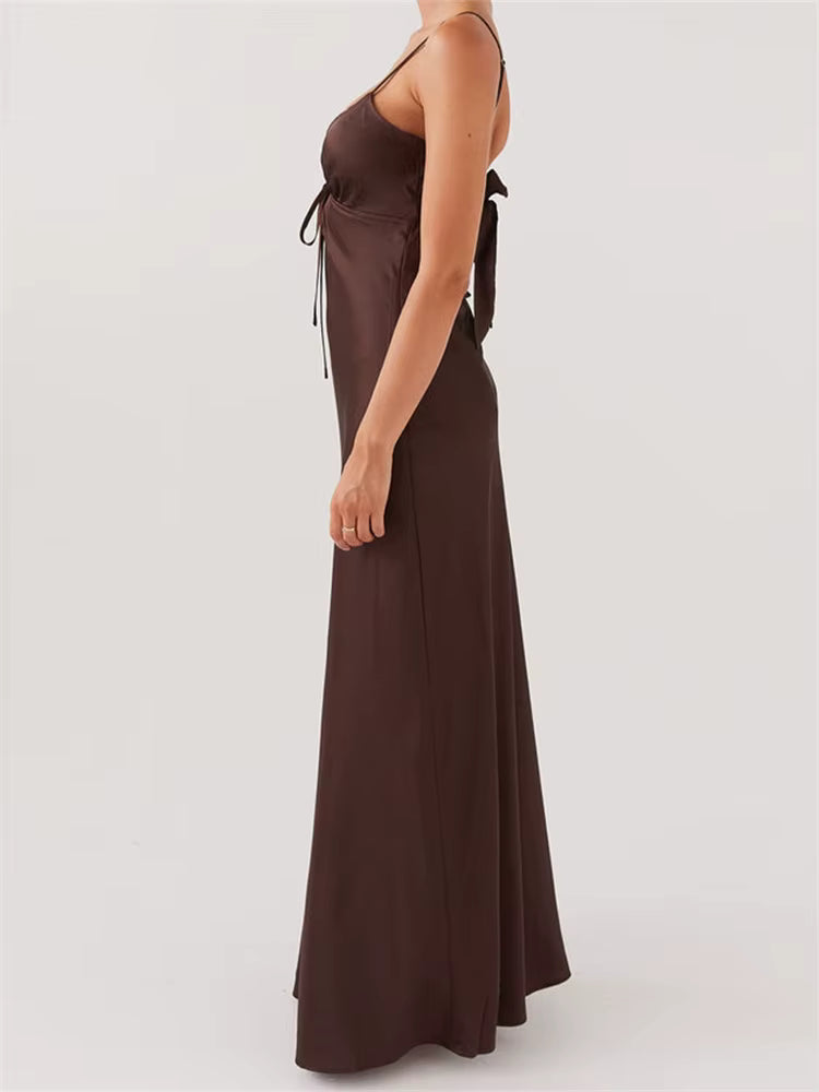 Casual Sleeveless Strap V-neck Front Tie-Up Backless Long Maxi Dress
