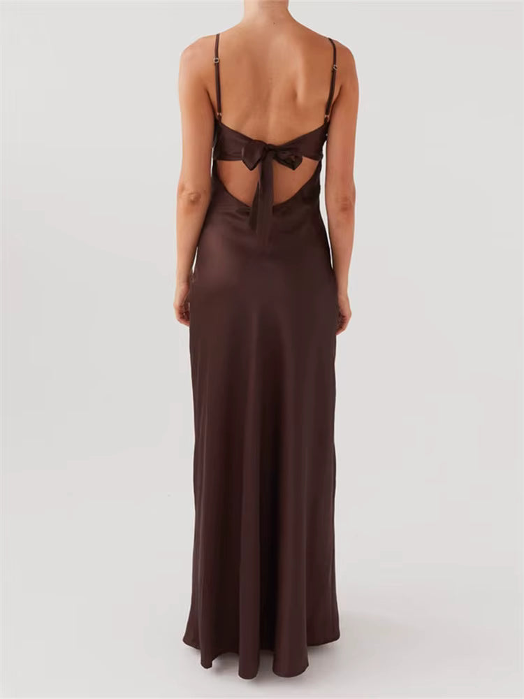 Casual Sleeveless Strap V-neck Front Tie-Up Backless Long Maxi Dress