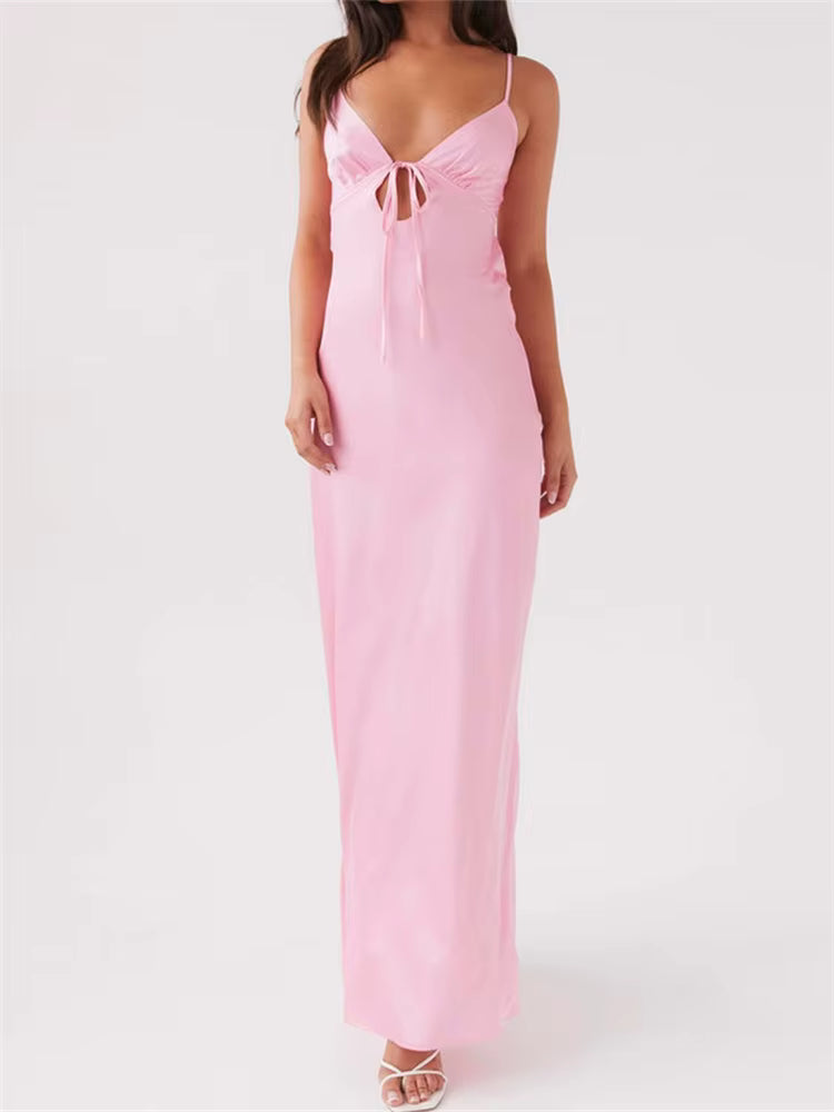 Casual Sleeveless Strap V-neck Front Tie-Up Backless Long Maxi Dress