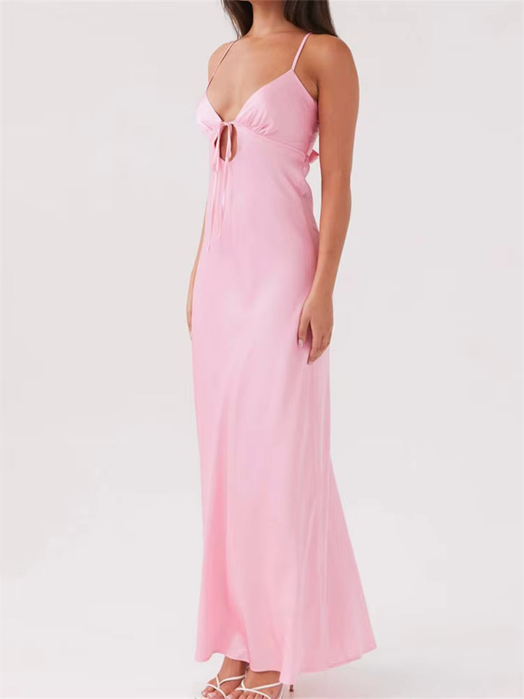 Casual Sleeveless Strap V-neck Front Tie-Up Backless Long Maxi Dress