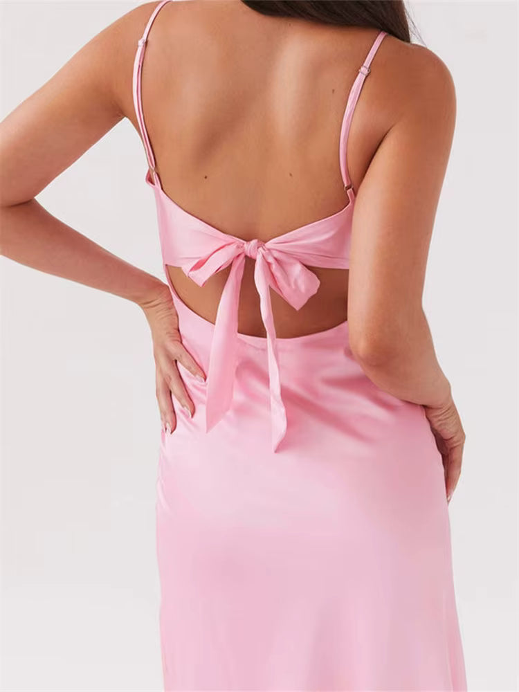Casual Sleeveless Strap V-neck Front Tie-Up Backless Long Maxi Dress