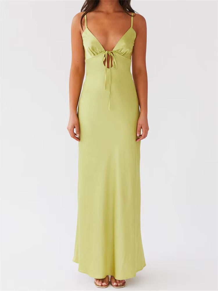 Casual Sleeveless Strap V-neck Front Tie-Up Backless Long Maxi Dress