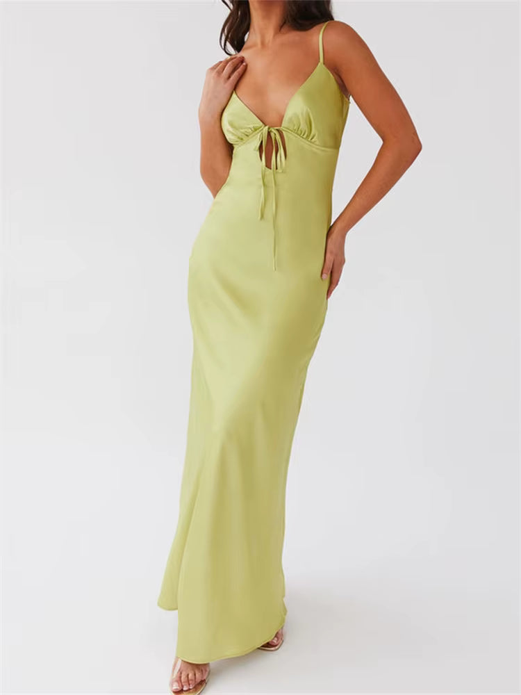 Casual Sleeveless Strap V-neck Front Tie-Up Backless Long Maxi Dress