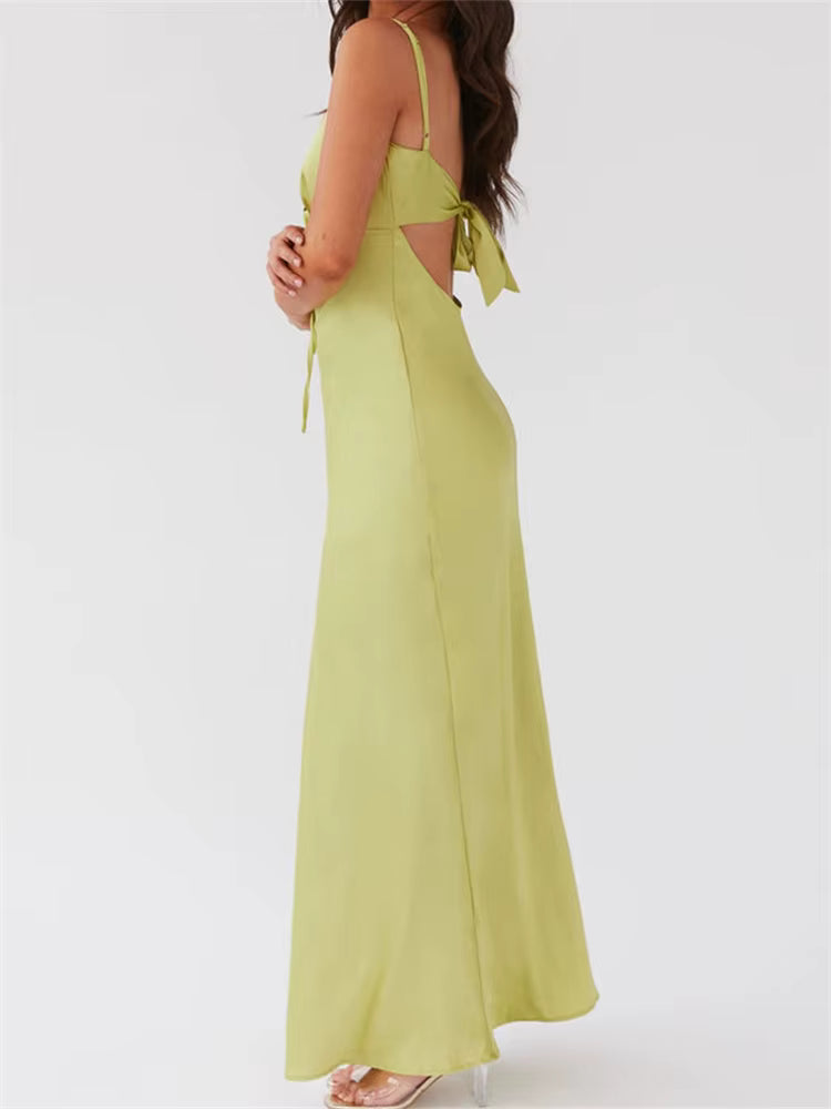 Casual Sleeveless Strap V-neck Front Tie-Up Backless Long Maxi Dress