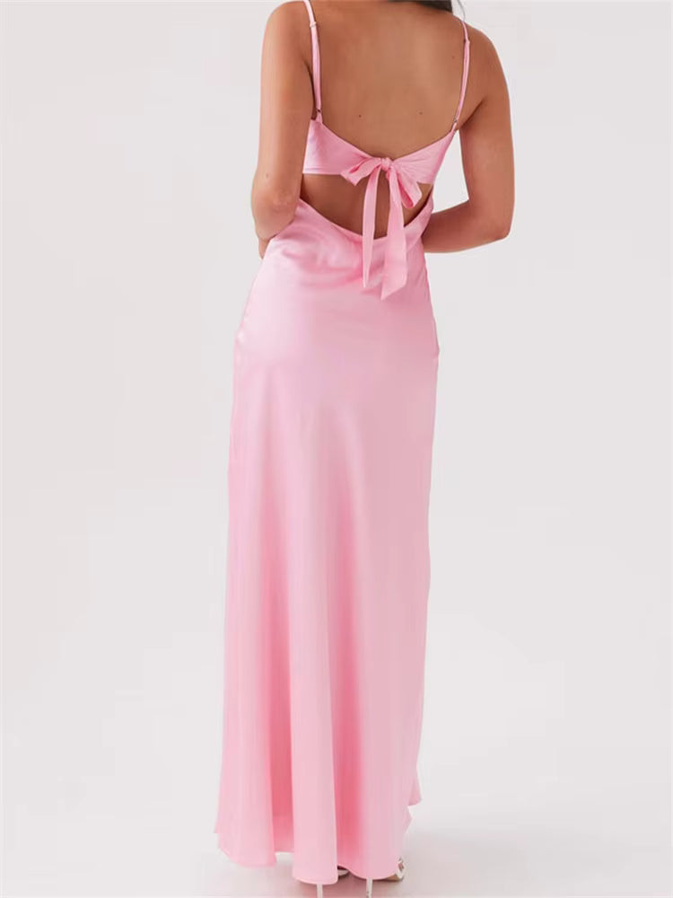 Casual Sleeveless Strap V-neck Front Tie-Up Backless Long Maxi Dress